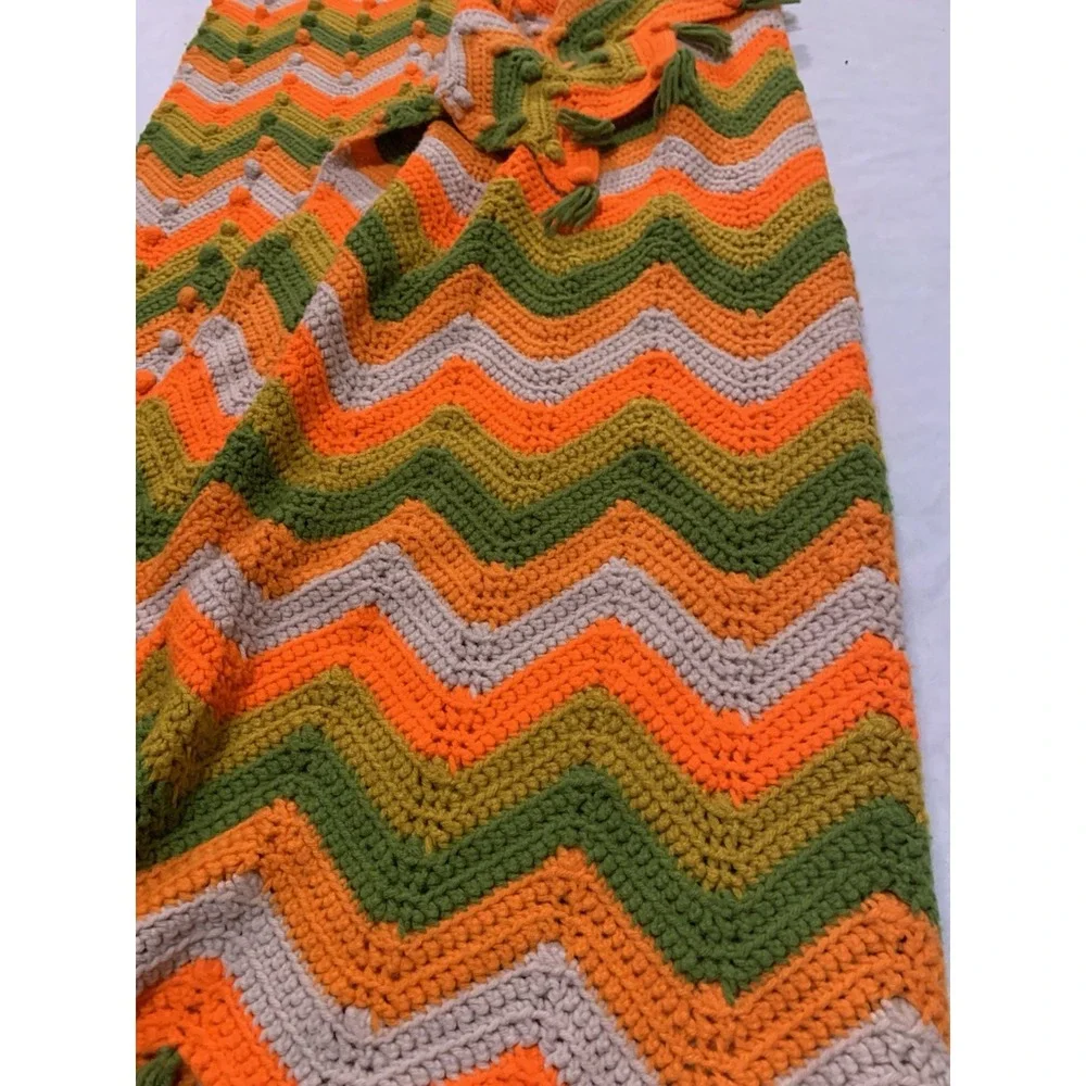 Vintage 70's ZigZag Chevron Crocheted Afghan Throw Green Orange 54x56